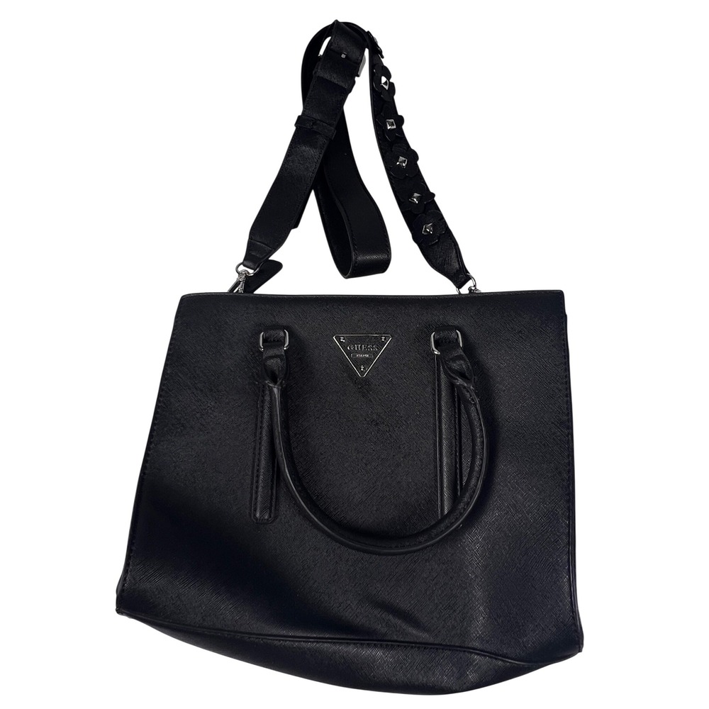 VTG Guess Satchel Tote Handbag Triangle Logo Studded Detachable Strap Black